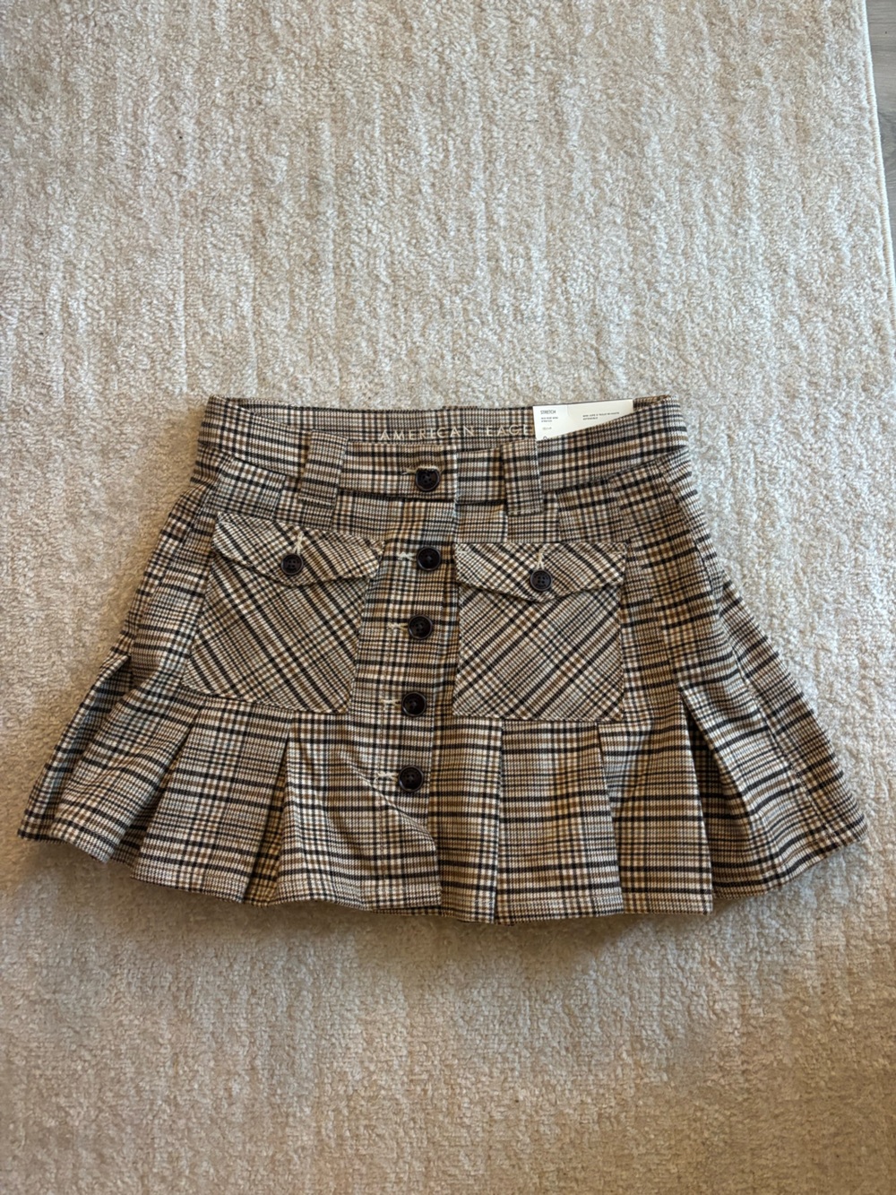 American Eagle Outfitters Plaid Button-Front Skater Skirt in Brown and Cream